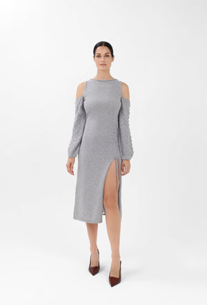 Off-the-Shoulder Cashmere Midi Dress in Gray