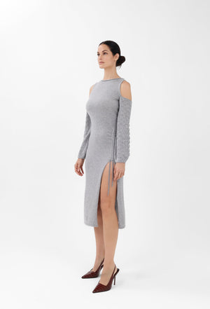 Off-the-Shoulder Cashmere Midi Dress in Gray