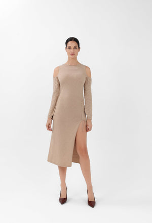 Off-the-Shoulder Cashmere Midi Dress in Camel