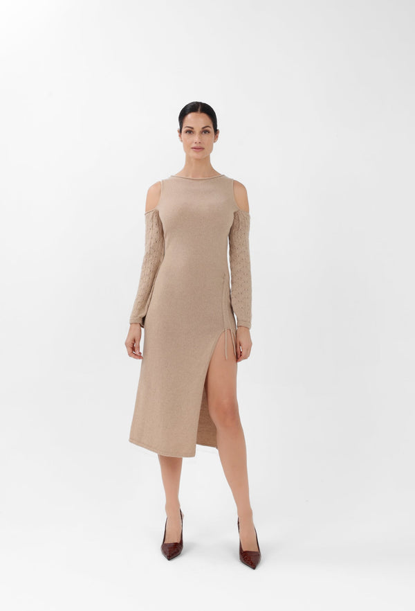 Off-the-Shoulder Cashmere Midi Dress in Camel