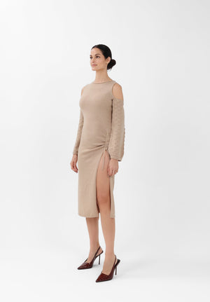 Off-the-Shoulder Cashmere Midi Dress in Camel