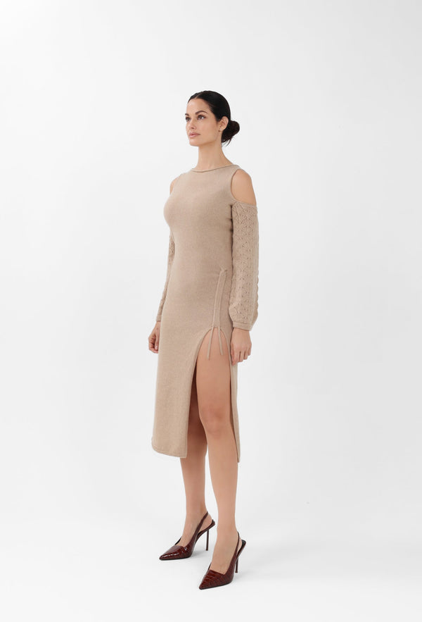 Off-the-Shoulder Cashmere Midi Dress in Camel