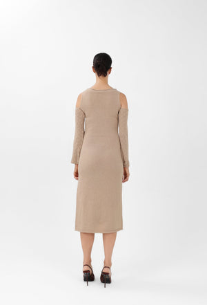Off-the-Shoulder Cashmere Midi Dress in Camel