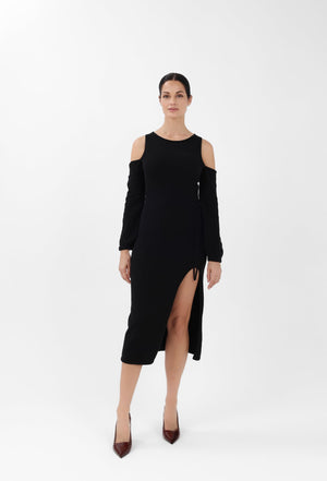 Off-the-Shoulder Cashmere Midi Dress in Black