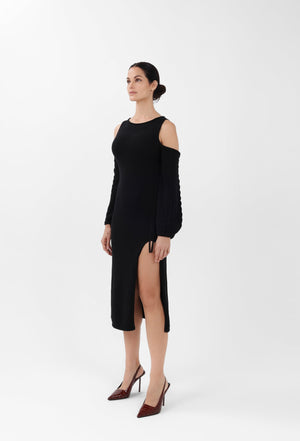 Off-the-Shoulder Cashmere Midi Dress in Black