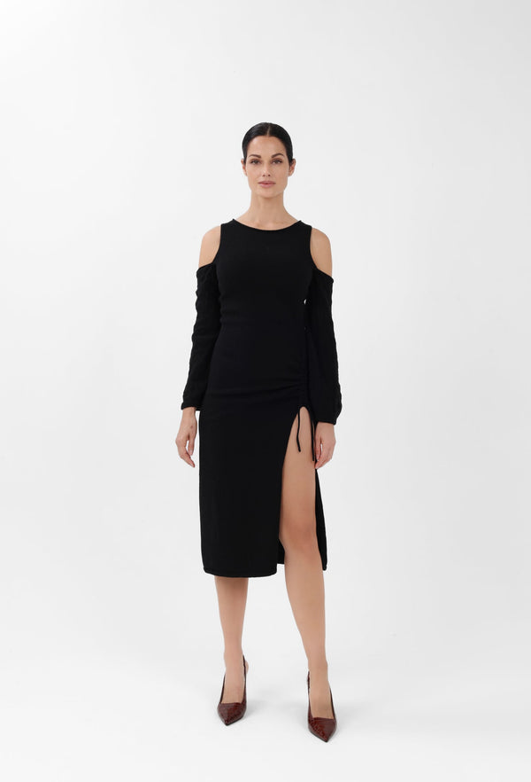 Off-the-Shoulder Cashmere Midi Dress in Black