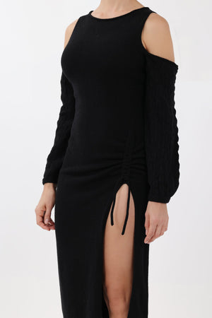 Off-the-Shoulder Cashmere Midi Dress in Black