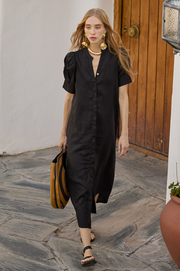 Athina Midi Linen Dress - Black