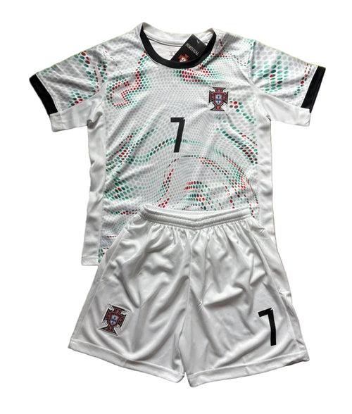 Ronaldo Portugal 2025 Away White Kids Soccer Jersey Kit 2 Piece Set