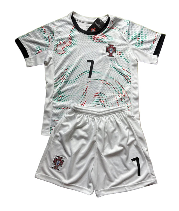 Ronaldo Portugal 2025 Away White Kids Soccer Jersey Kit 2 Piece Set