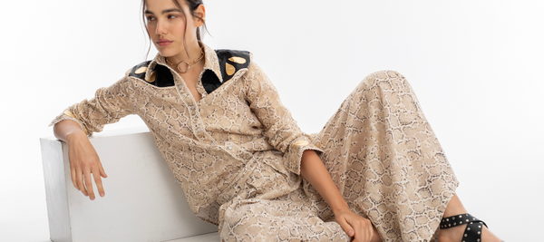 Far West Metallic Linen Shirt - Snake Print with Metallic Black and Gold Appliques