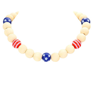 American USA Flag Wood Ball Collar Necklace