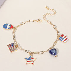 Enamel American USA Flag Star Apple Egg Heart Charm Station Paperclip Chain Bracelet