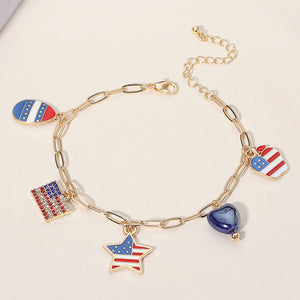 Enamel American USA Flag Star Apple Egg Heart Charm Station Paperclip Chain Bracelet