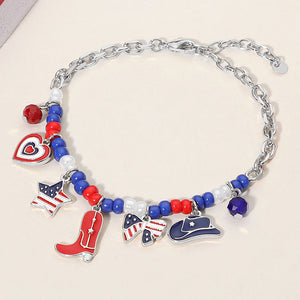 Enamel American USA Flag Bow Heart Western Cowboy Boot Hat Charm Station Beaded Bracelet