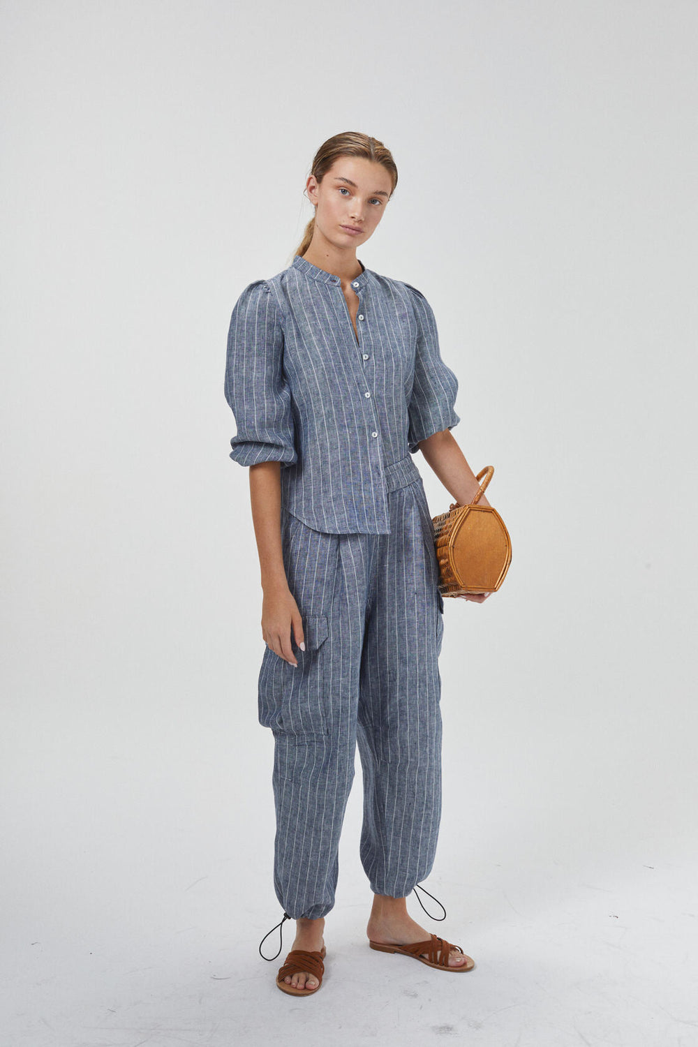 Cargo Linen Pants - Navy Stripes