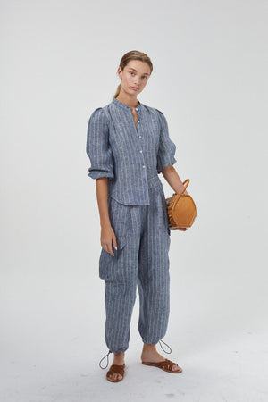 Cargo Linen Pants - Navy Stripes