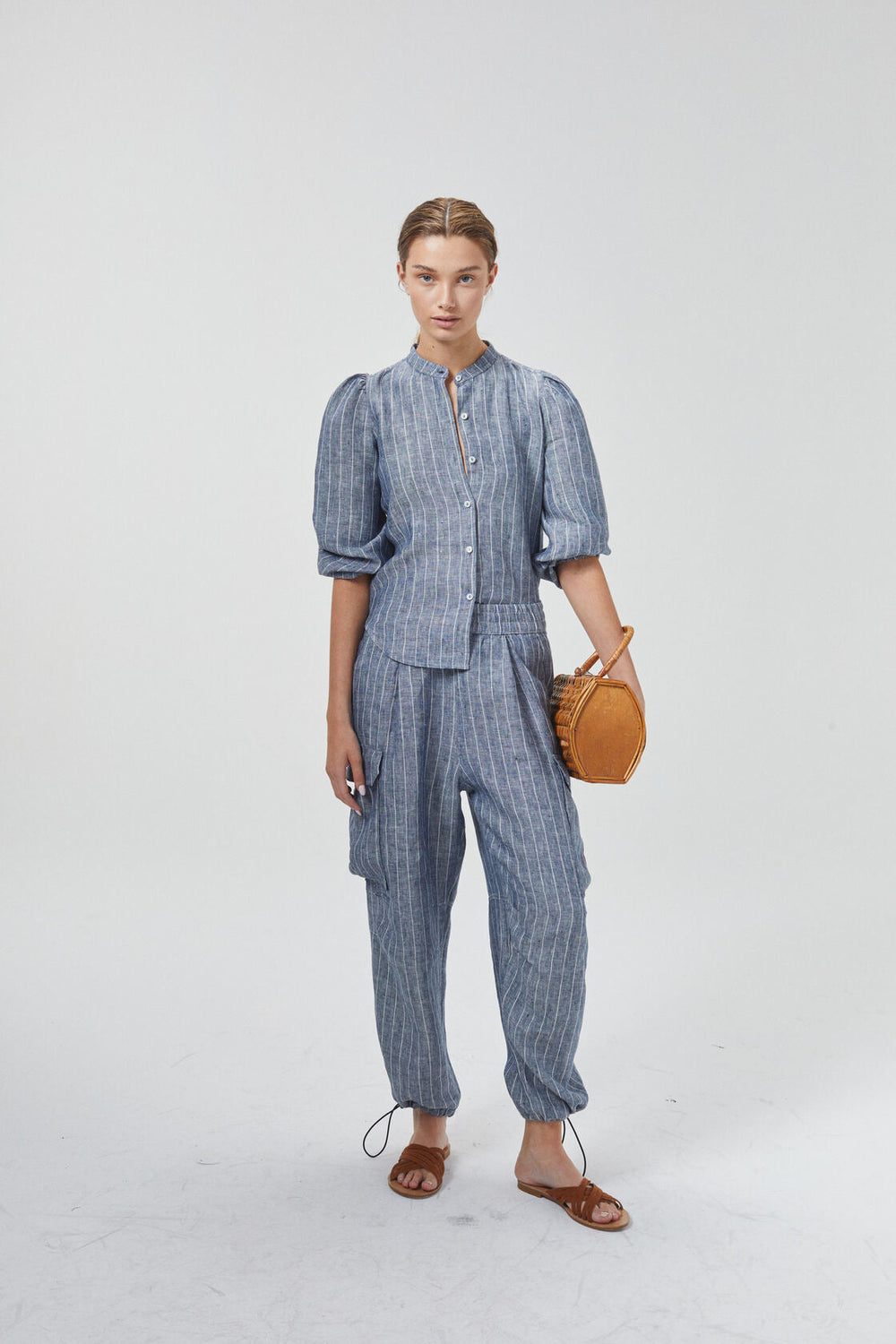 Cargo Linen Pants - Navy Stripes