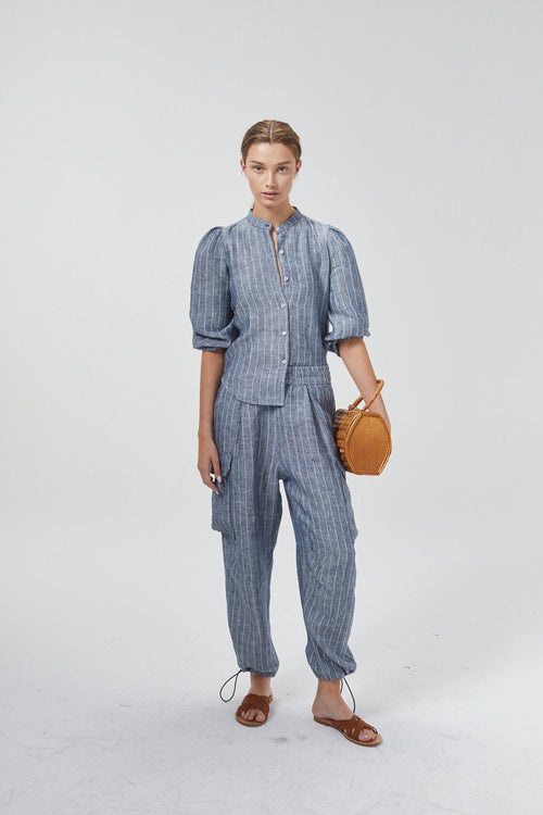 Cargo Linen Pants - Navy Stripes
