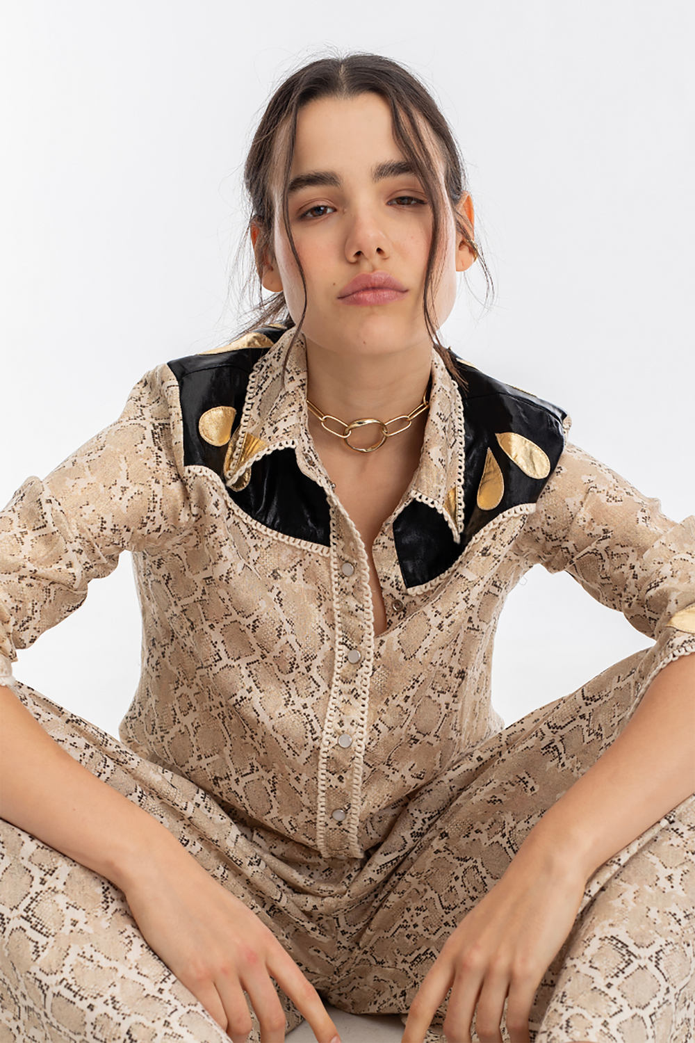Far West Metallic Linen Shirt - Snake Print with Metallic Black and Gold Appliques