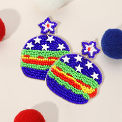 Felt Back American USA Flag Seed Beaded Star Hamburger Link Dangle Earrings
