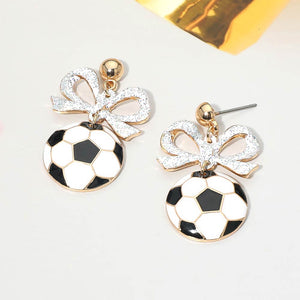 Bow Soccer Ball Drop Dangle Earrings