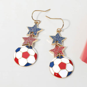 France Glittered Double Star Soccer Ball Drop Earrings