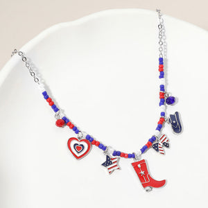 Enamel American USA Flag Western Boot Hat Bow Star Heart Charm Beaded Necklace