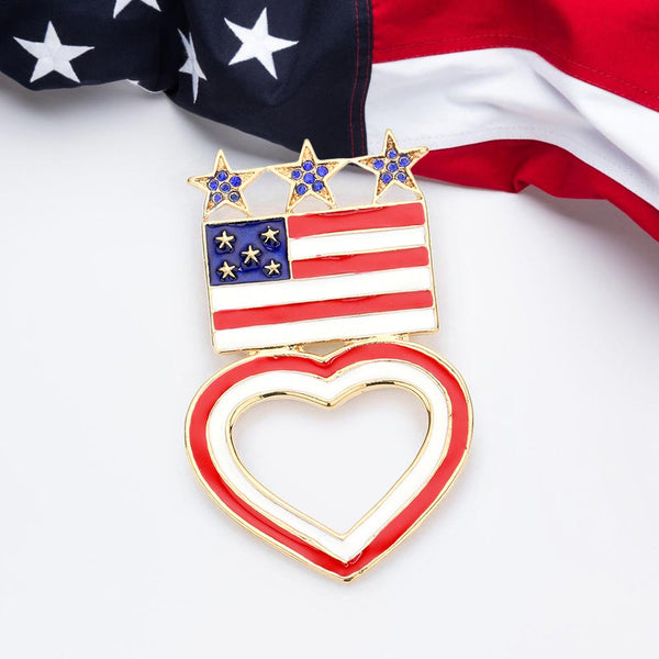 Enamel American USA Flag Open Heart Pin Brooch