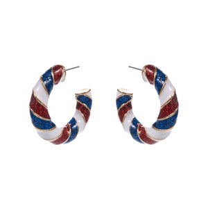 Patriotic American USA Glittered Enamel Twist Hoop Earrings
