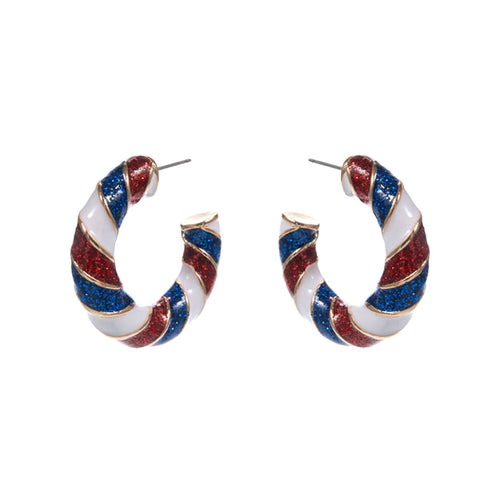 Patriotic American USA Glittered Enamel Twist Hoop Earrings
