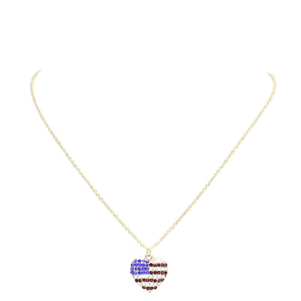 Rhinestone Embellished American USA Flag Pendant Necklace