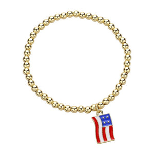 Stainless Steel Enamel American USA Flag Charm Stretch Bracelet