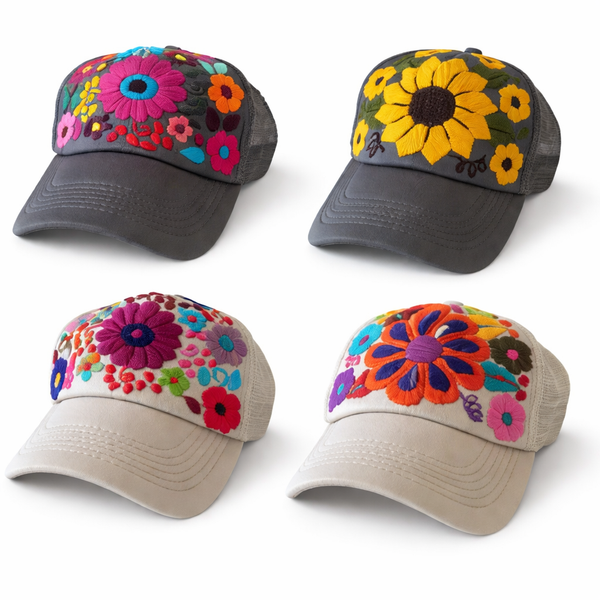 Tulum Hand Embroidered Trucker Flower Hat - Mexico