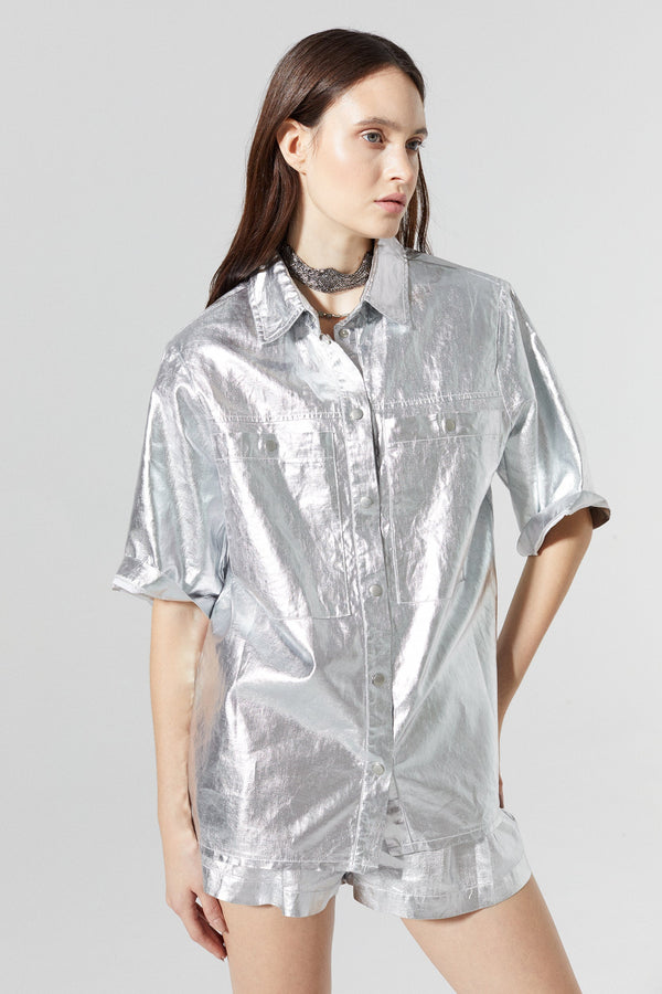 Soho Metallic Linen Shirt - Silver