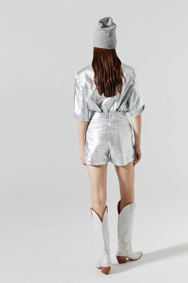 Frida Metallic Linen Shorts - New Silver