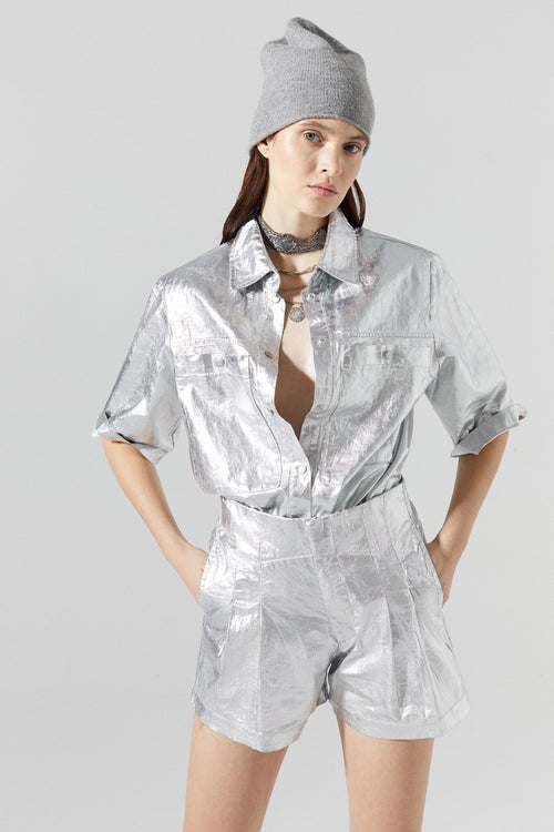 Frida Metallic Linen Shorts - New Silver