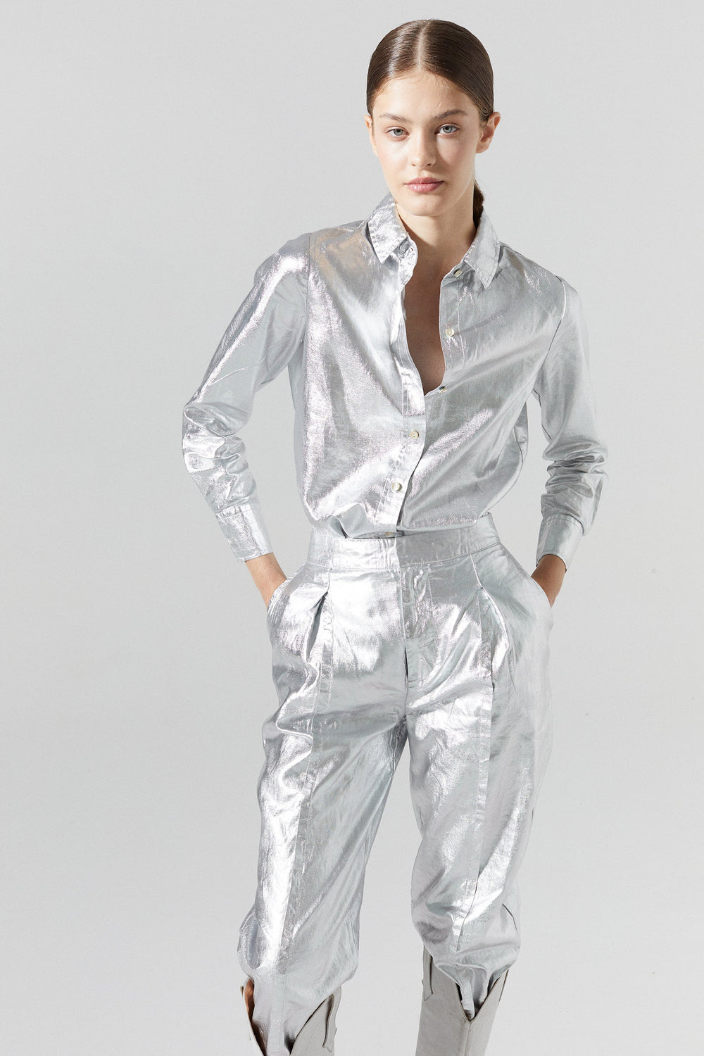 San Marino Metallic Linen Shirt - Silver
