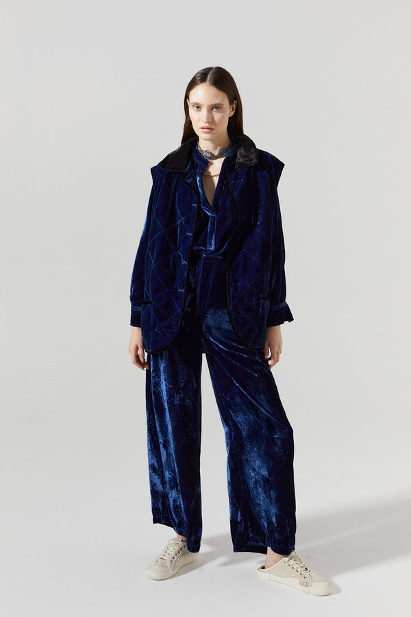 New Luna Silk  Velvet Pants - Navy Blue