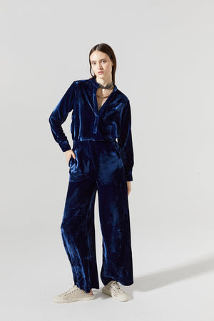 Nikka Silk Velvet Shirt - Navy Blue
