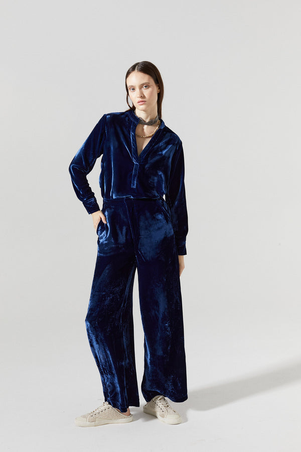 Nikka Silk Velvet Shirt - Navy Blue