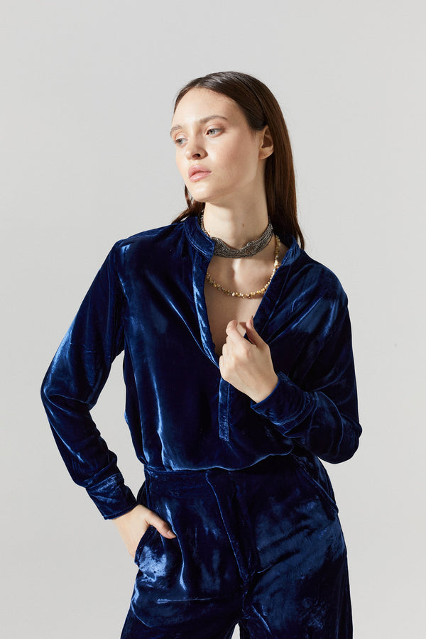 Nikka Silk Velvet Shirt - Navy Blue