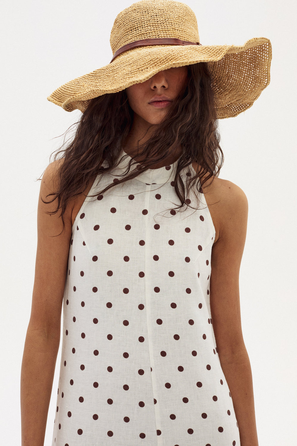 Olivia Linen Top - Brown Polka Dots