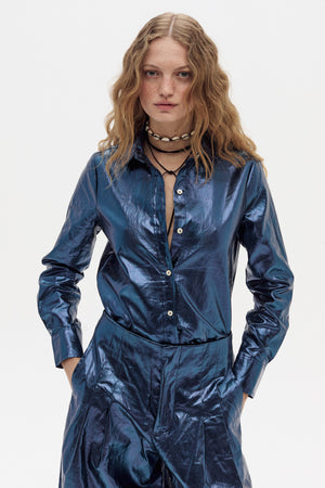 San Marino Metallic Linen Shirt - Dark Blue