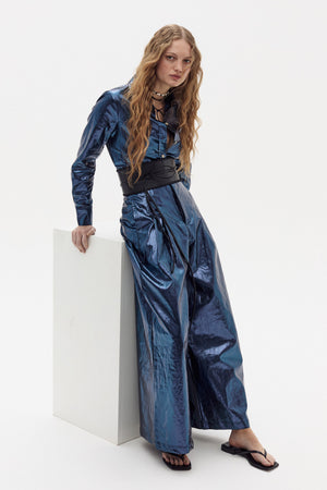 Culotte Metallic Linen Pants - Dark Blue