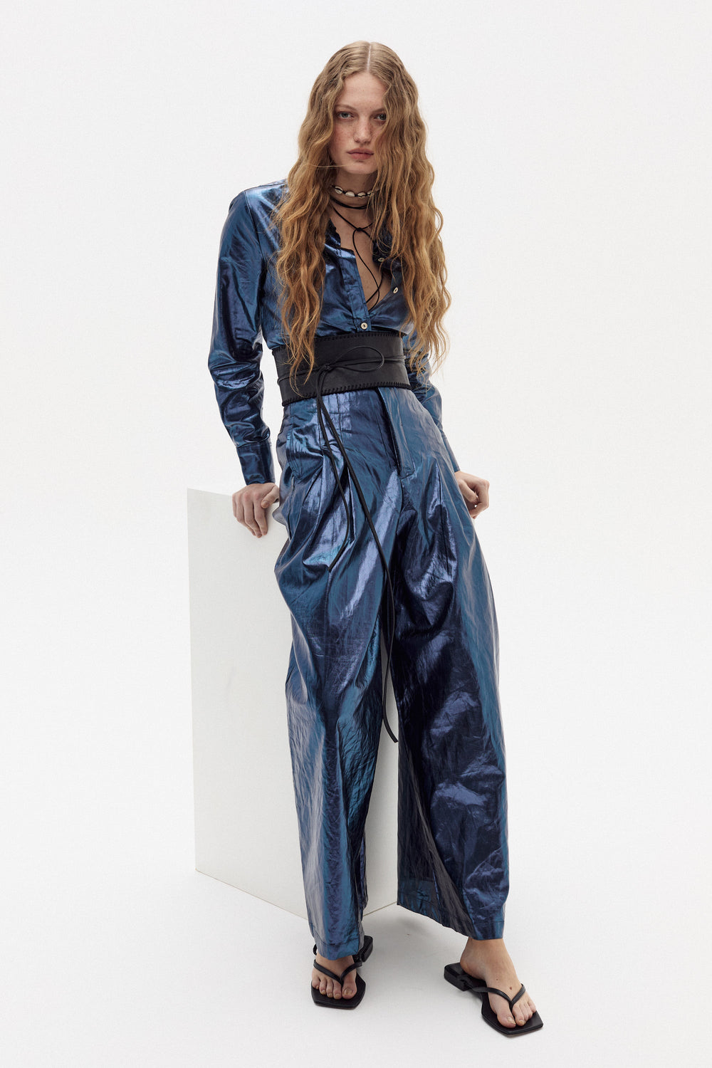 Culotte Metallic Linen Pants - Dark Blue