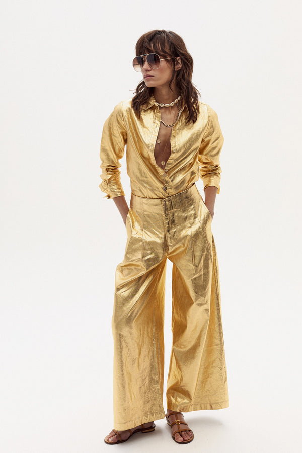 Culotte Metallic Linen Pants - Gold