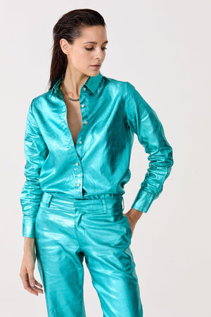 San Marino Metallic Linen Shirt - Turquoise
