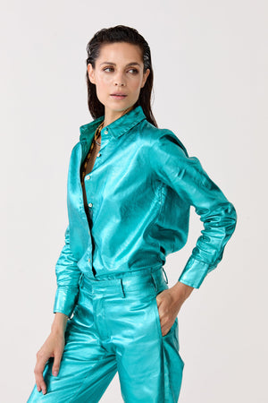 San Marino Metallic Linen Shirt - Turquoise