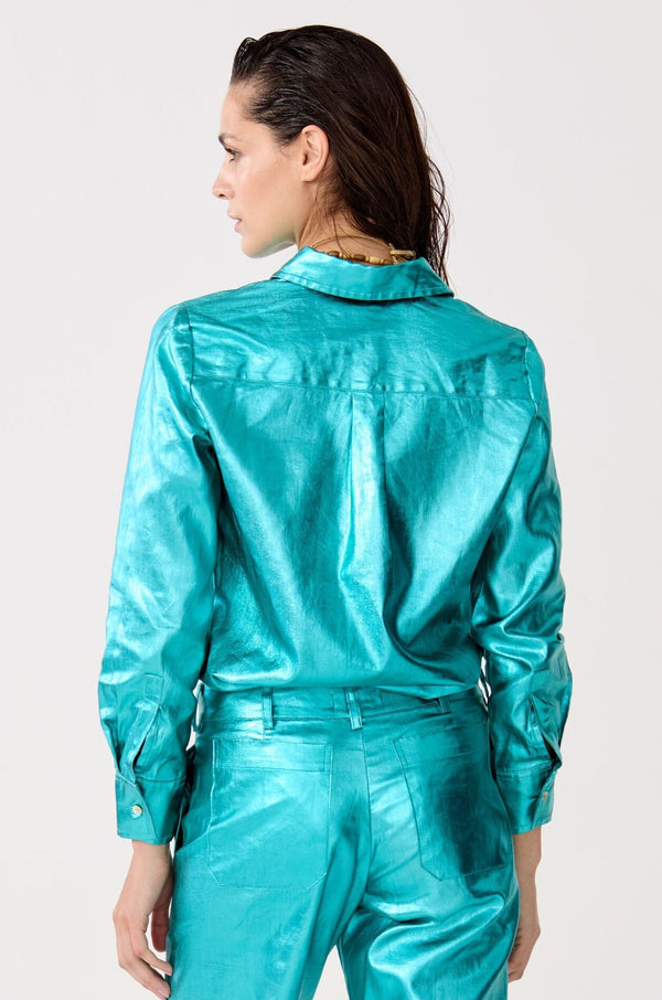 San Marino Metallic Linen Shirt - Turquoise